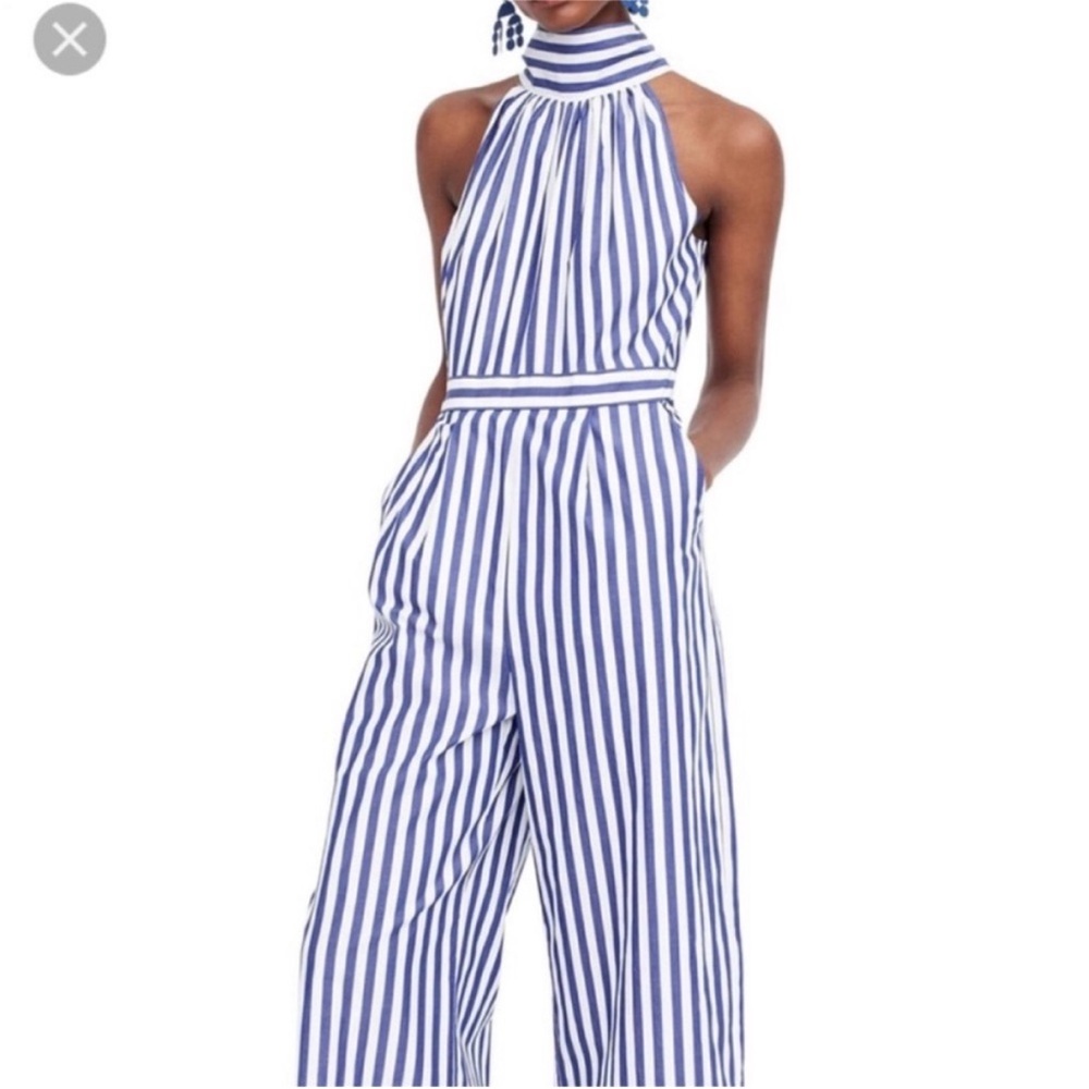 NWT J. Crew Tushar Blue/White Stripe Halter Neck Wide Leg Jumpsuit Size 6 - Picture 15 of 16